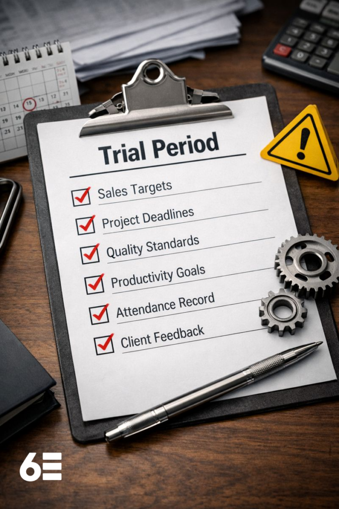 Checklist labeled “Trial Period” symbolizing probation as a structured performance evaluation instead of onboarding and integration.