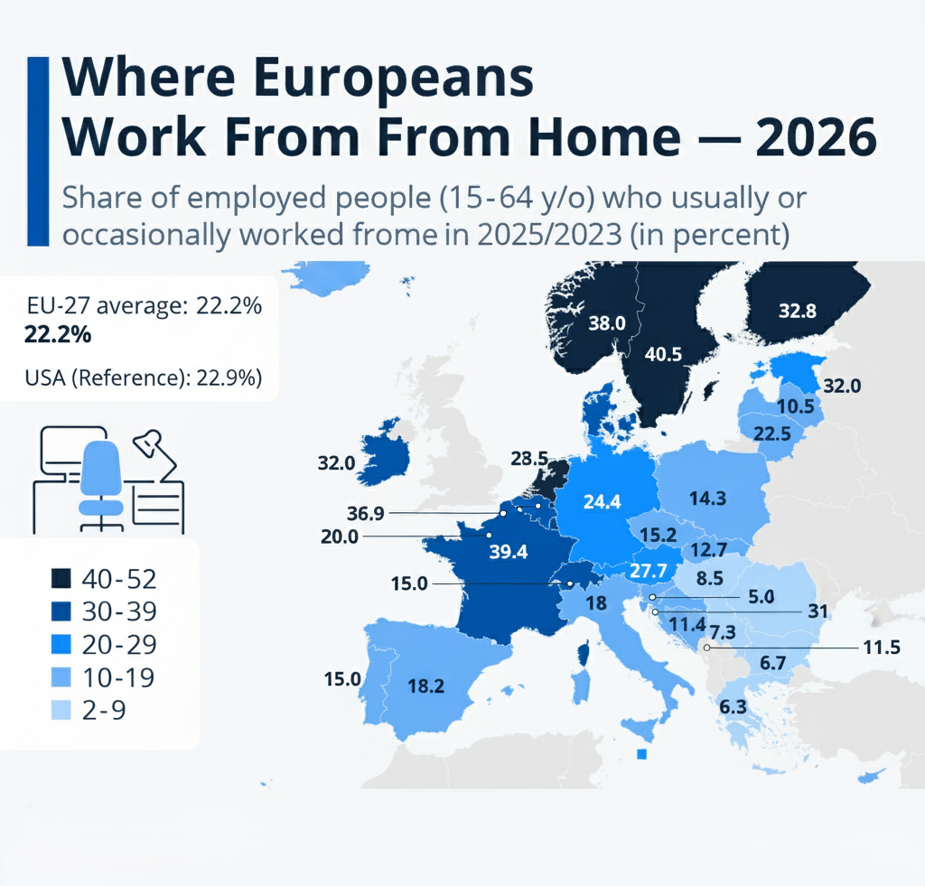 Choropleth map showing hybrid/remote work rates across Europe in 2026, with Nordic countries leading above 40%.