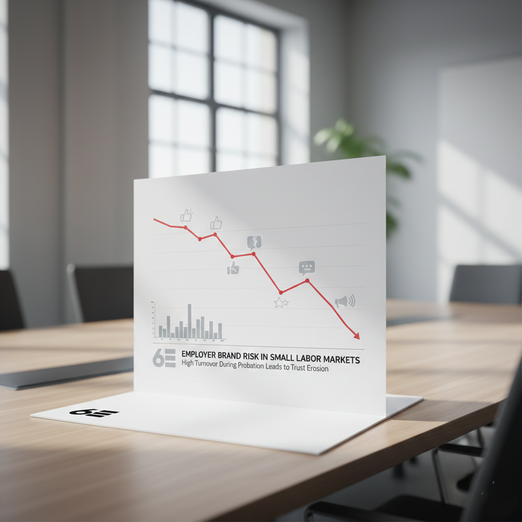 Declining graph with social media icons illustrating employer reputation damage and hiring friction caused by repeated probation-period terminations.