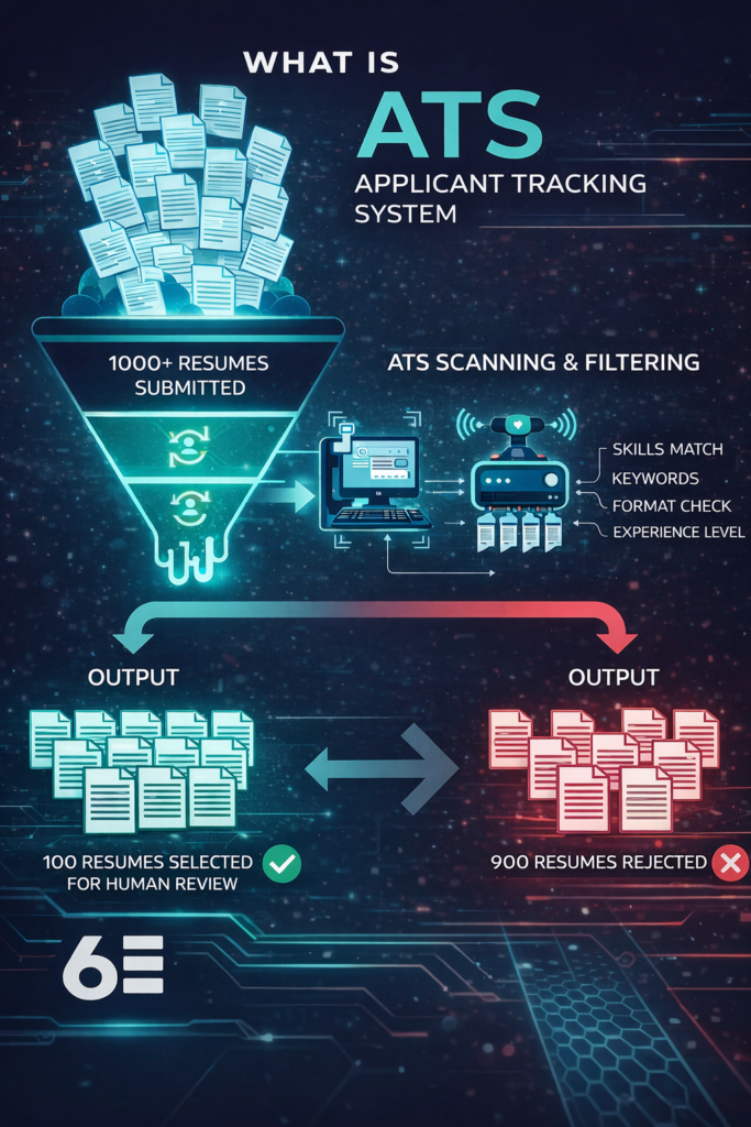 Infographic showing how an Applicant Tracking System (ATS) scans and filters over 1,000 resumes using keyword matching and formatting checks, selecting only 100 for human review. Created by 6E.