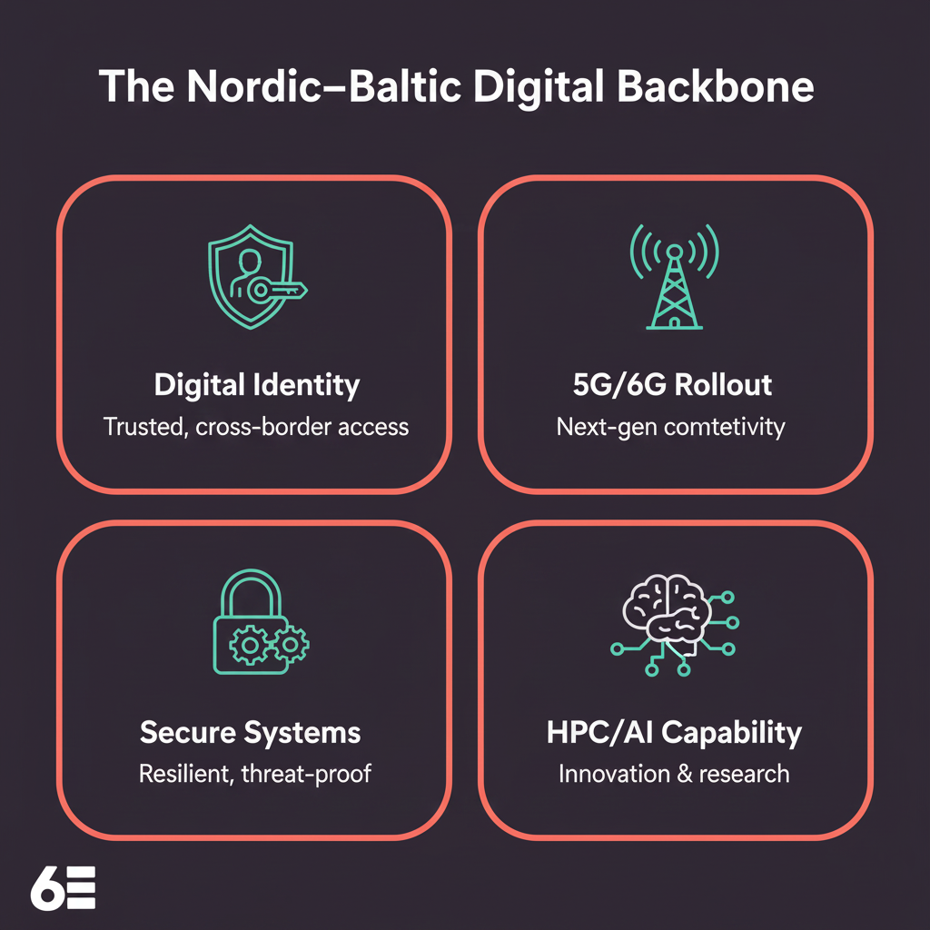 Grid or pillar-style layout with custom icons for: 
Digital identity, 
5G/6G rollout, 
Secure systems, 
HPC/AI capability.