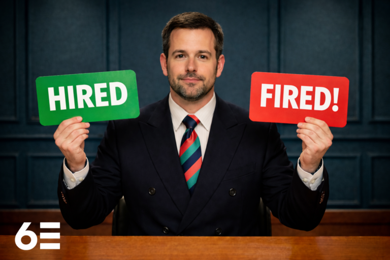 A professional holding “Hired” and “Fired” signs illustrating the ‘hire fast fire fast during probation’ trend in modern recruitment.