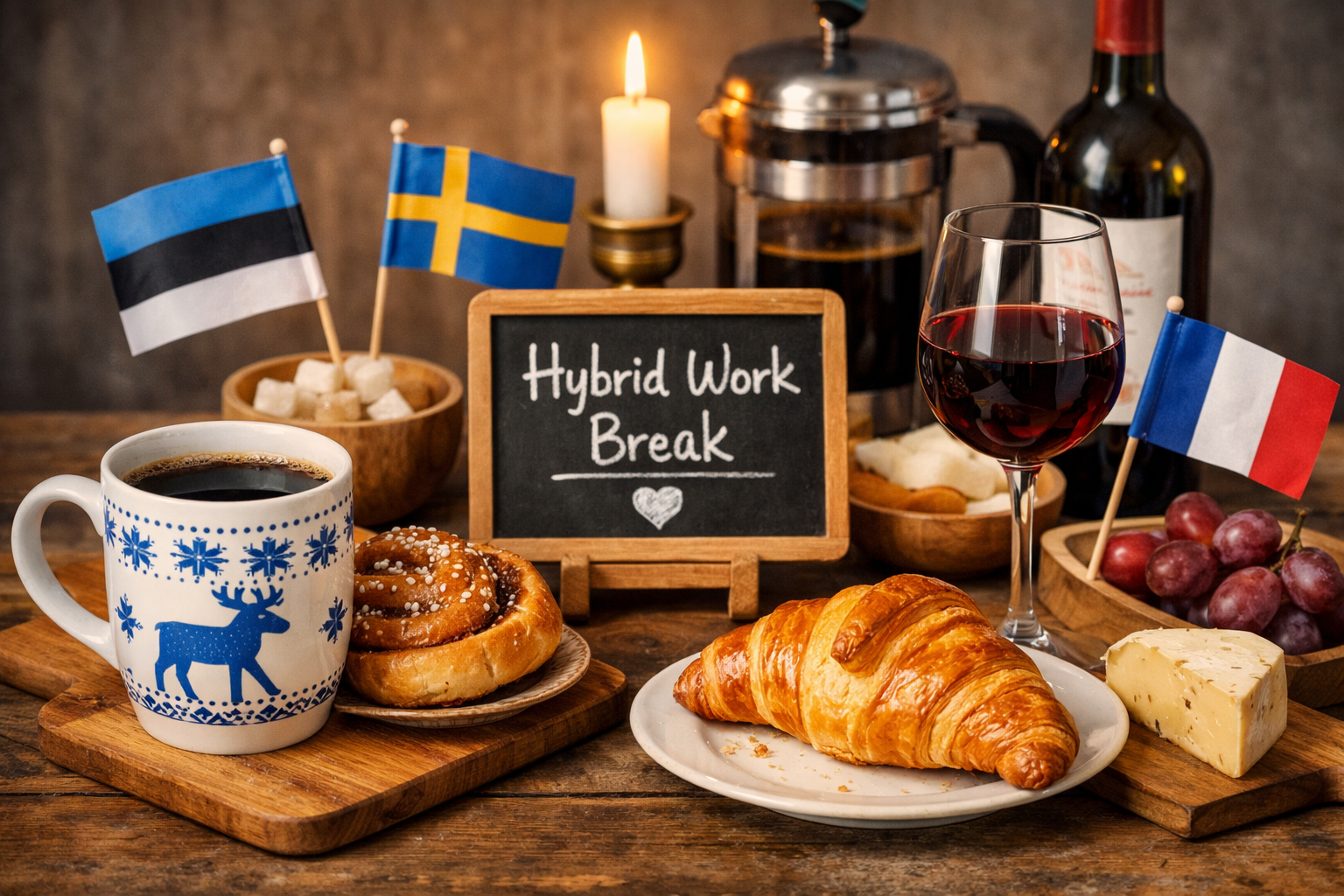 Hybrid work break setup with Nordic and Baltic coffee and pastries alongside French wine, cheese, and croissant, featuring flags of Estonia, Sweden, and France, symbolizing cross-cultural hybrid work practices.