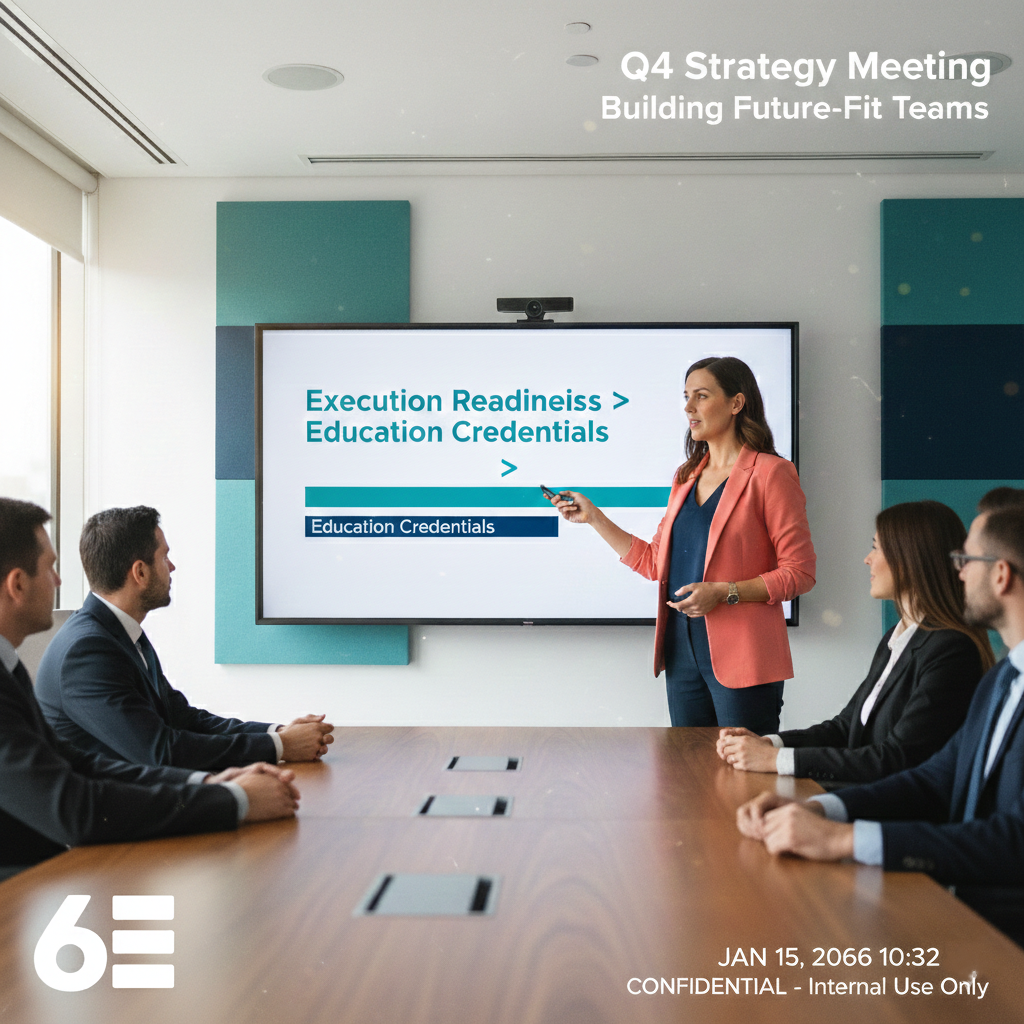 Businesswoman presenting chart comparing execution readiness vs. education credentials in a modern boardroom